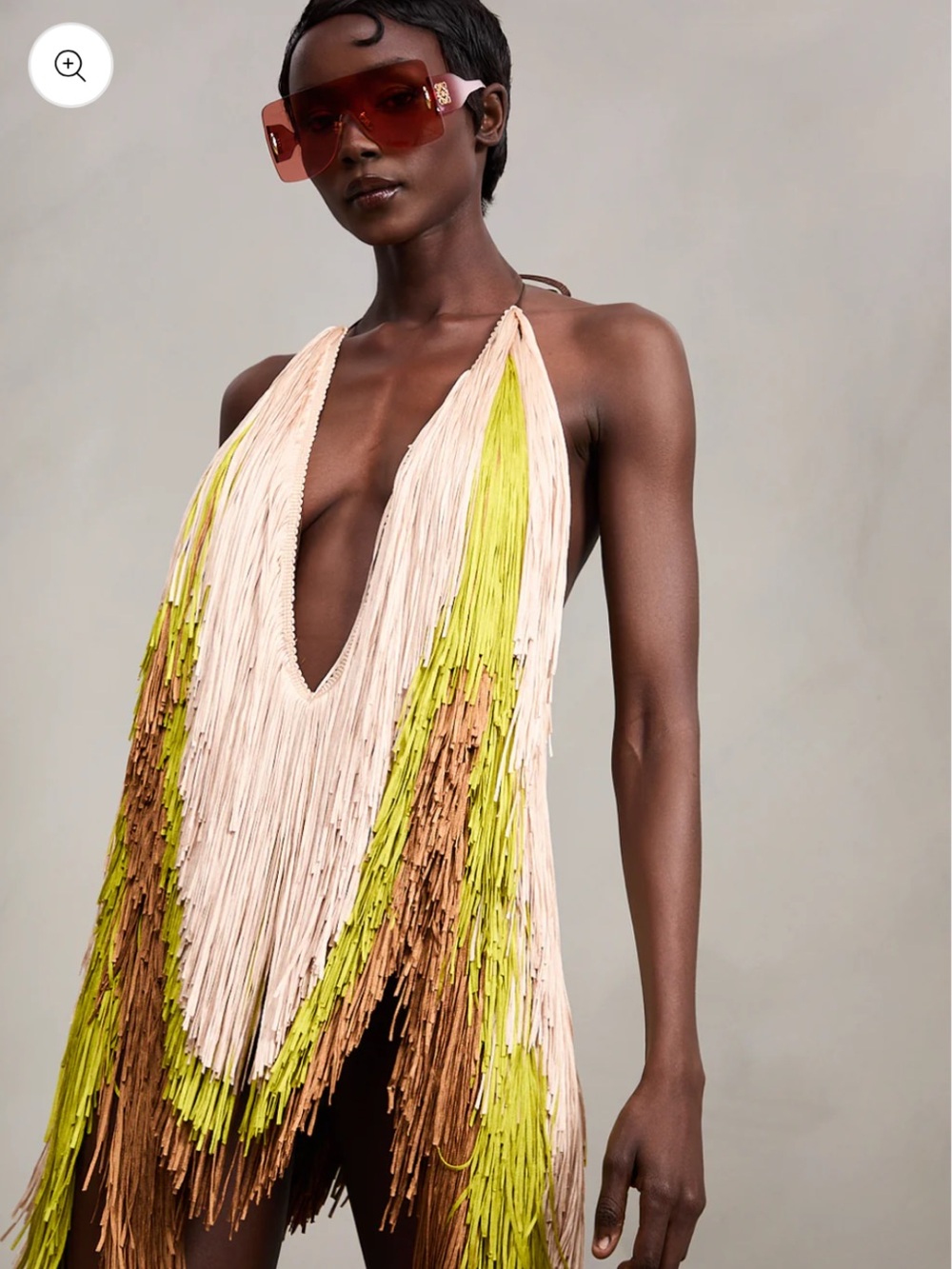 Dollhouse Zadie Dress (Oasis) Lime & Brown Fringe High-Low Halter Dress (M)